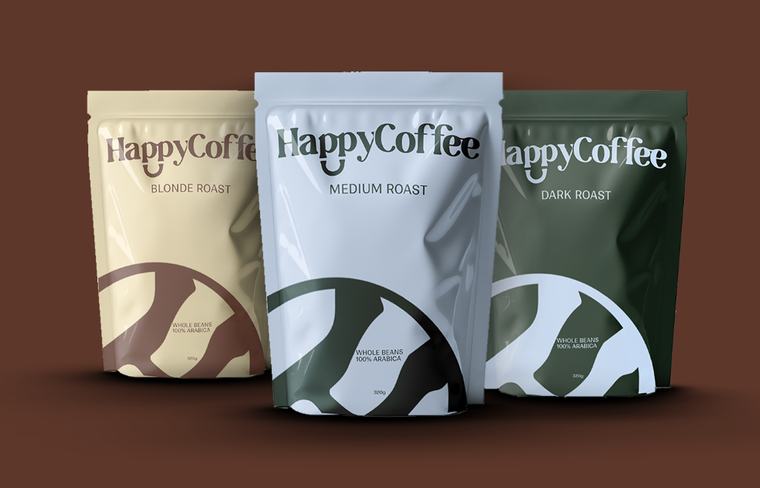 HappyCoffee: Packaging range for a made-up coffee brand. Logo, pouches and colour per roast.